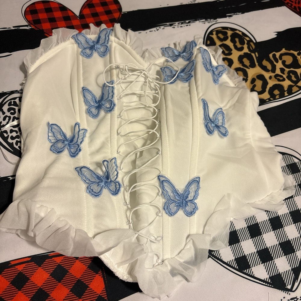 SHEIN White Camisole with Blue Butterfly Embroidery
